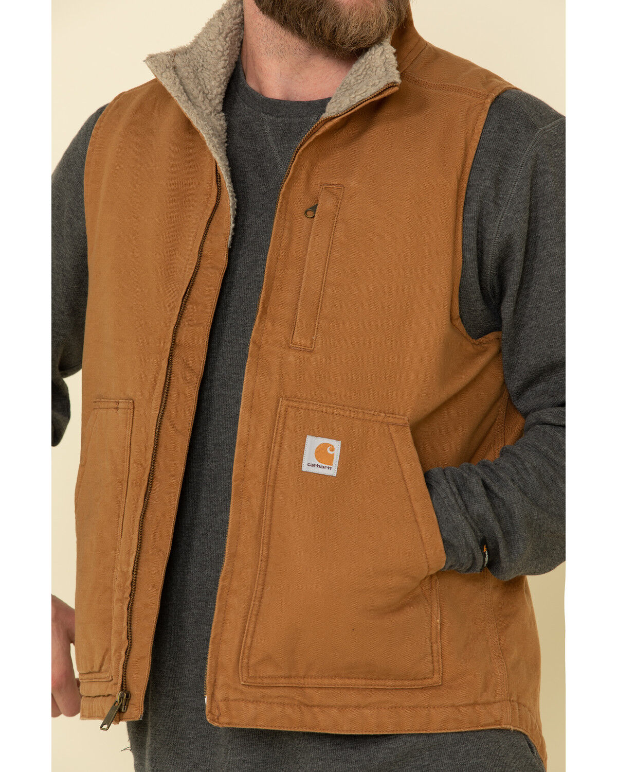 Image #5 - Carhartt Men's Brown Washed Duck Sherpa Lined Mock Neck Work Vest - Tall, Brown, hi-res