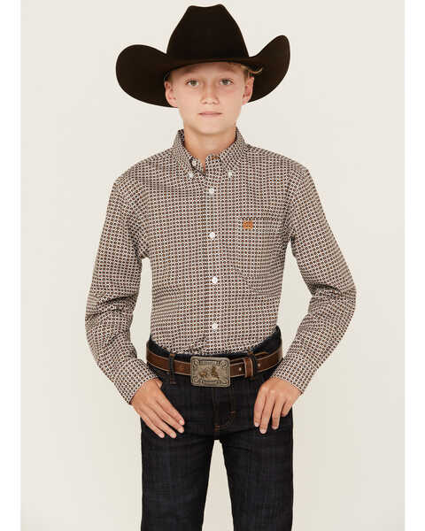 Cinch Boys' Geo Print Long Sleeve Button Down Western Shirt, White, hi-res