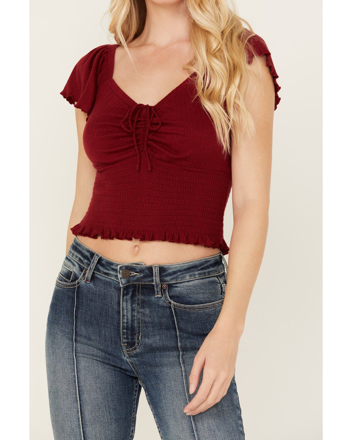 Image #2 - Idyllwind Women's Pointe Flutter Sleeve Smocked Top, Dark Red, hi-res