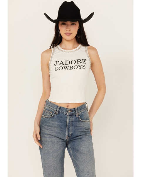 Mainstrip Women's J'adore Cowboys Rhinestone Cropped Tank Top , White, hi-res