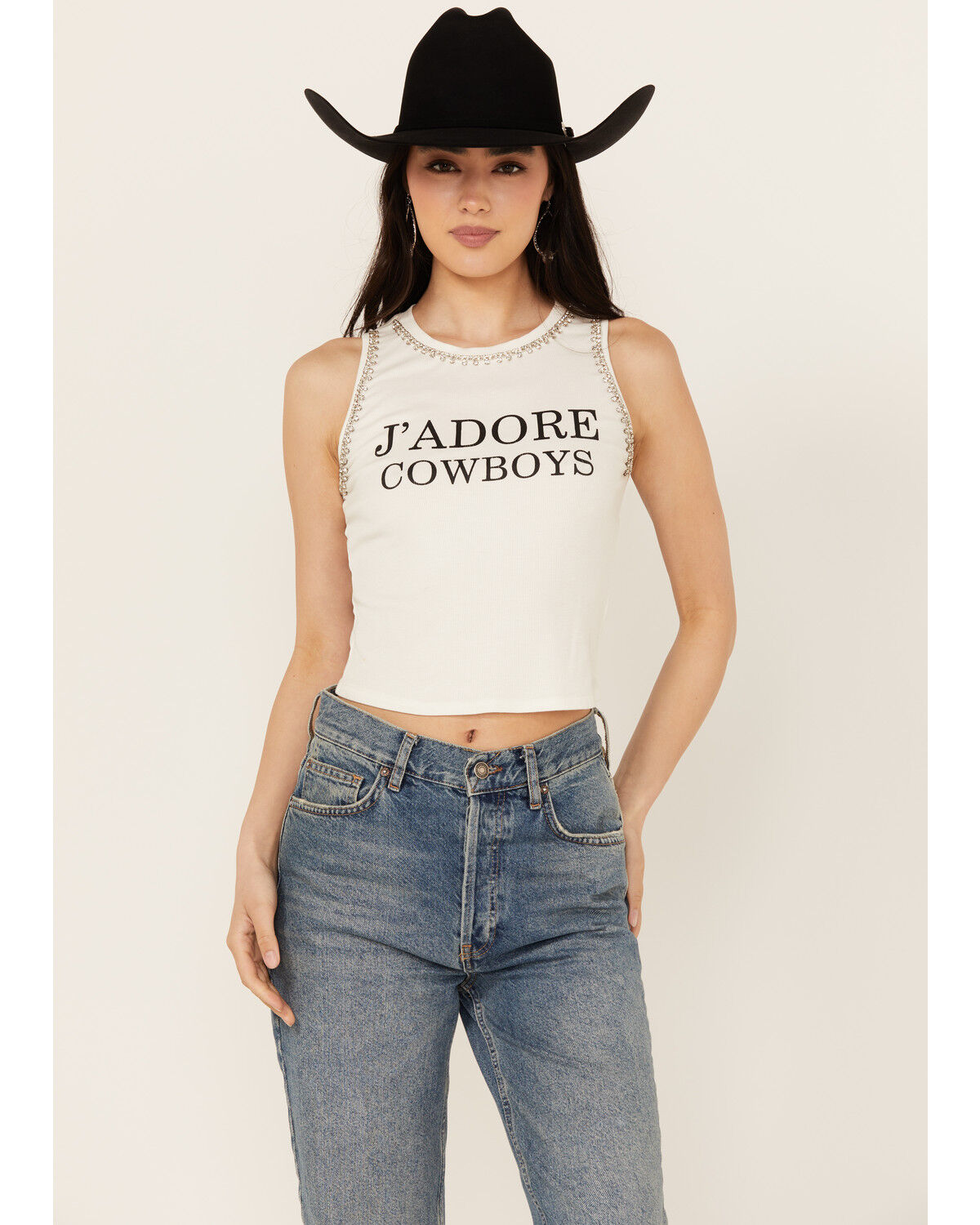 Image #1 - Mainstrip Women's J'adore Cowboys Rhinestone Cropped Tank Top, , hi-res