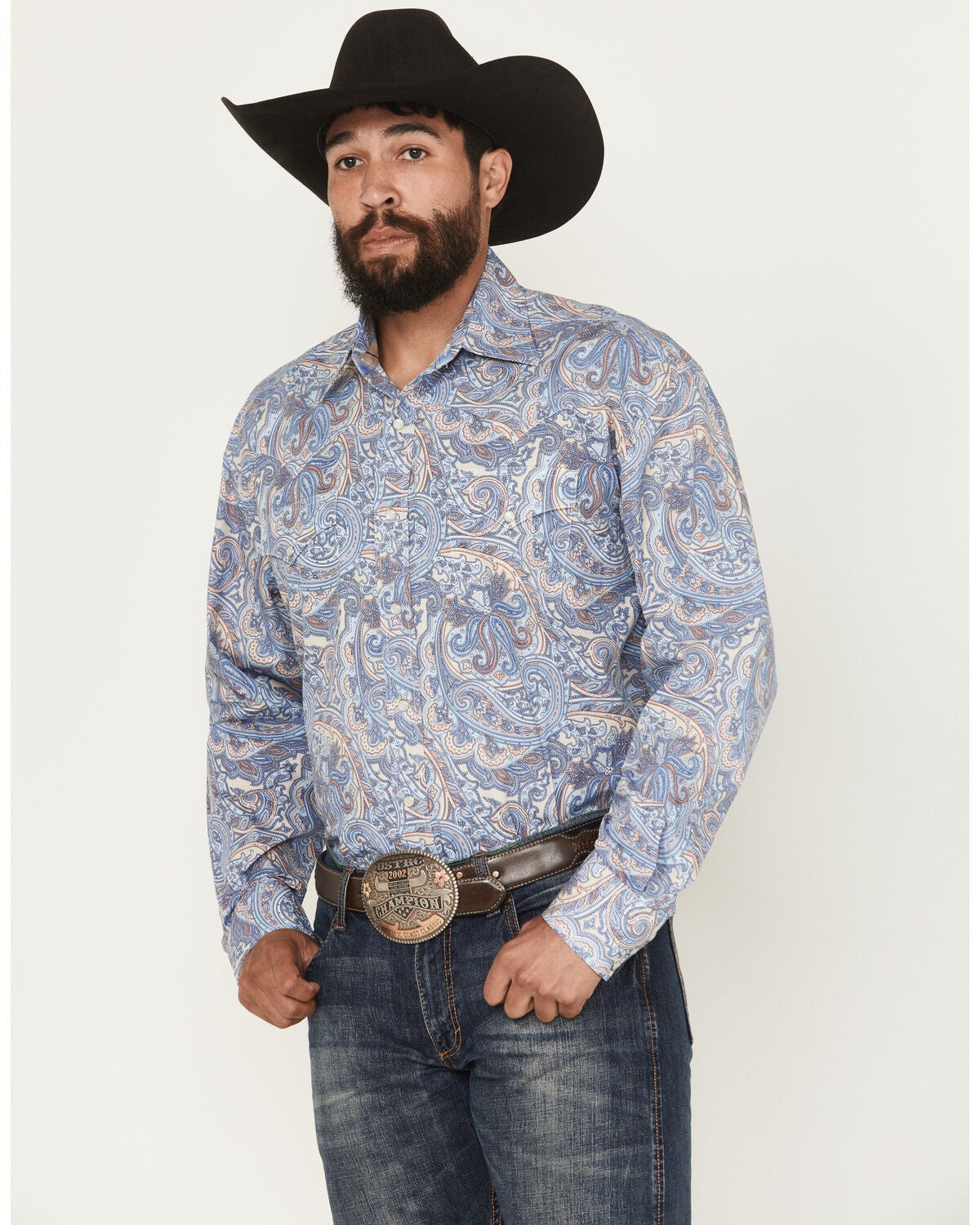 Stetson Men's Paisley Print Long Sleeve Snap Western Shirt, Blue, hi-res