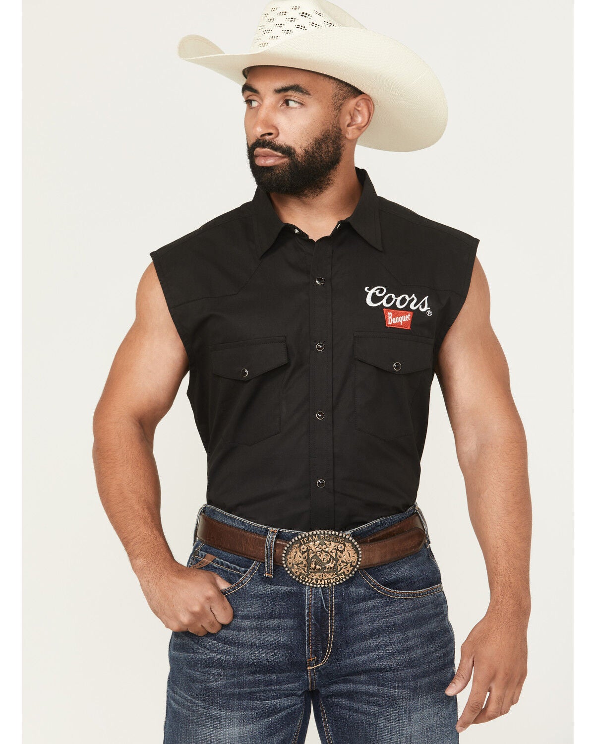 Coors Men's Boot Barn Exclusive Banquet Rodeo Logo Sleeveless Snap Bubba, Black, hi-res