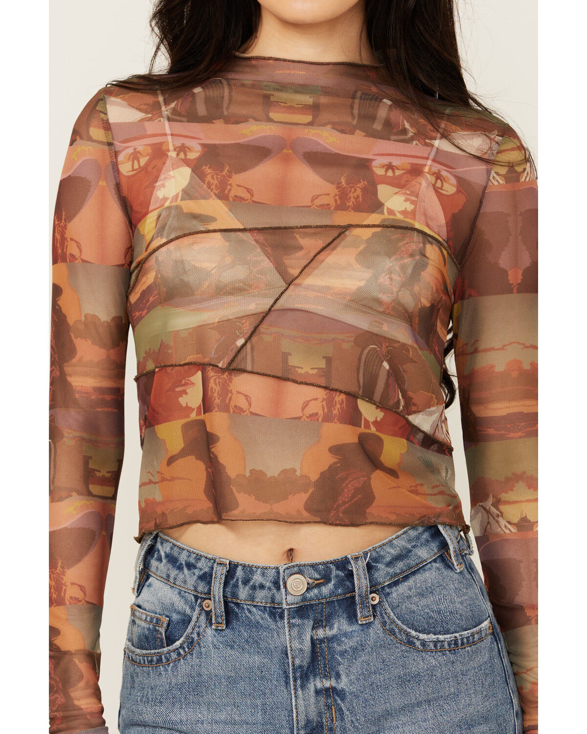 Image #3 - Rock & Roll Denim Women's Scenic Mesh Long Sleeve Top, Brown, hi-res