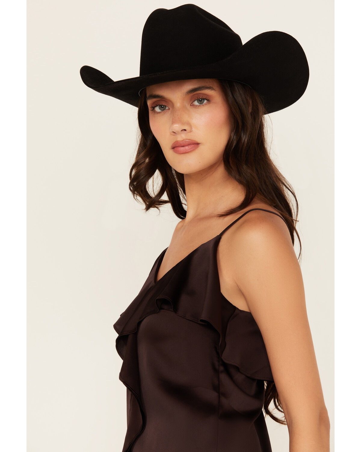 Image #2 - Shyanne Women's Solid Satin Ruffle Front Tank Top, Chocolate, hi-res