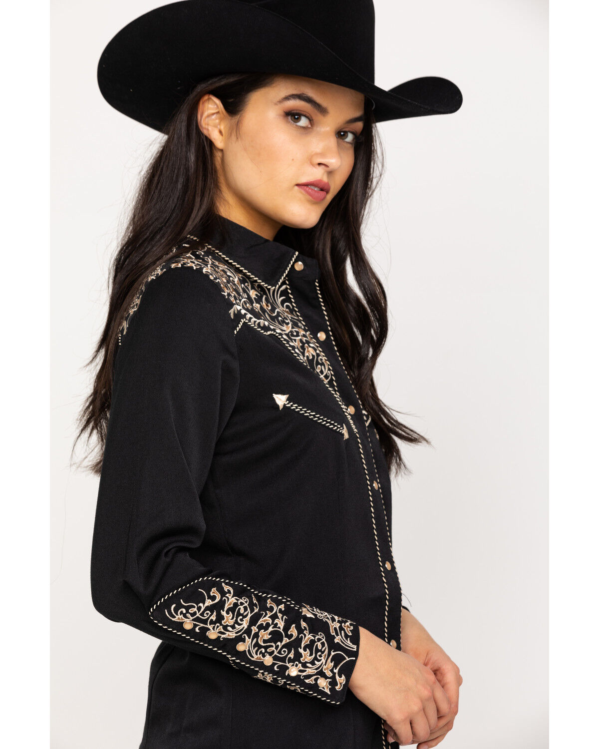 Image #3 - Scully Women's Scroll Embroidered Long Sleeve Pearl Snap Western Shirt, Black/tan, hi-res