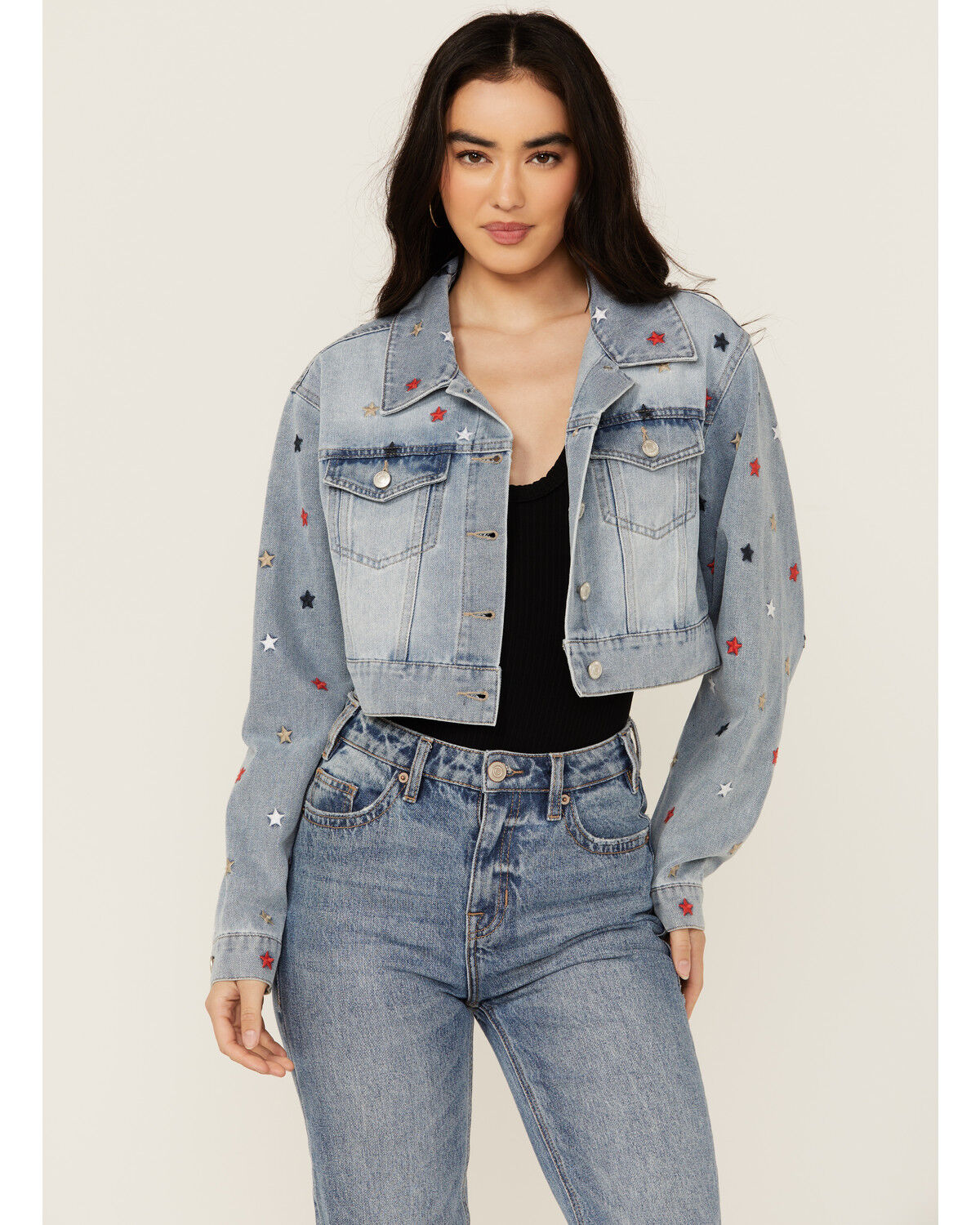Image #1 - Stoosh Women's Medium Wash Star Embroidered Cropped Denim Jacket, Medium Wash, hi-res