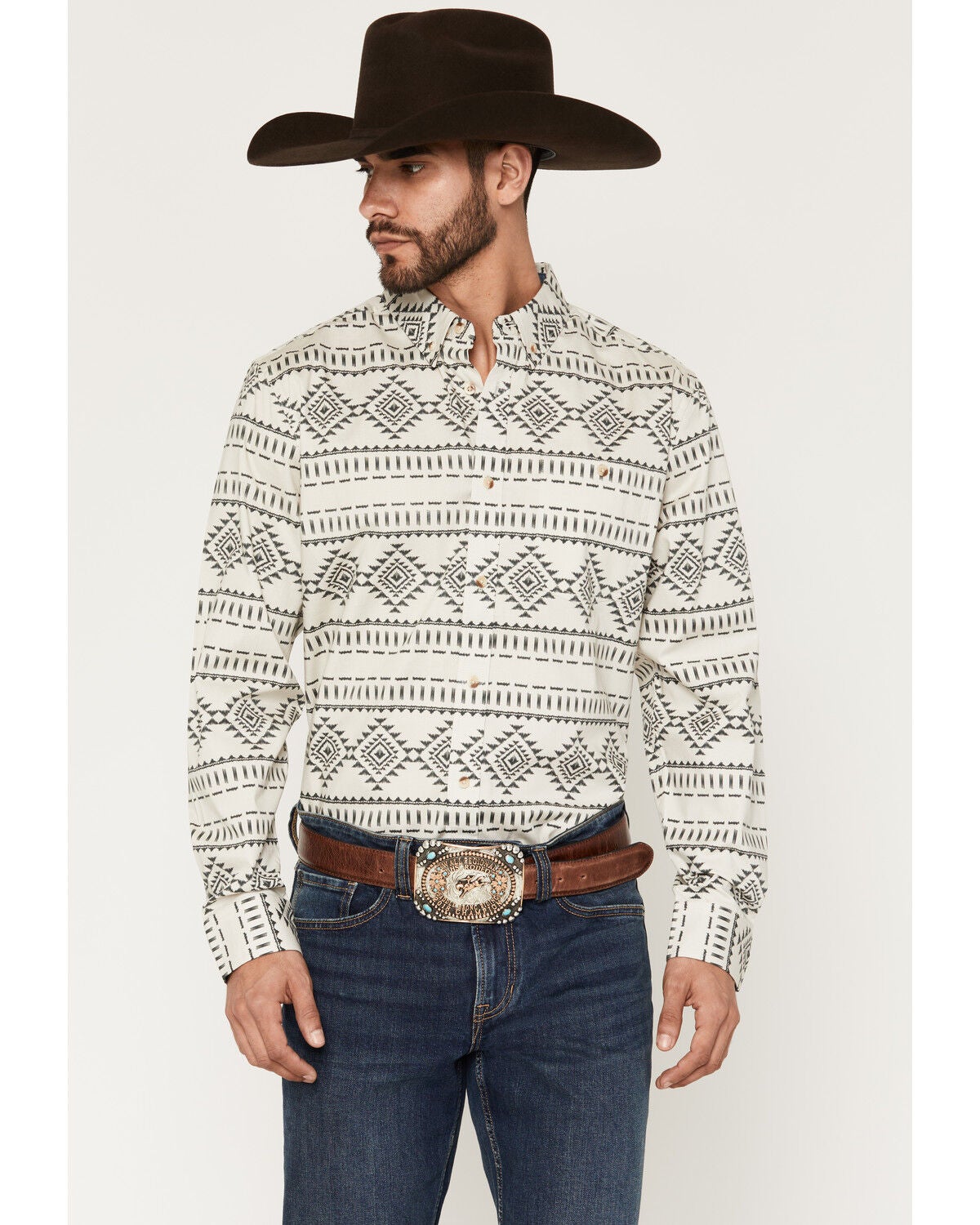 Image #1 - RANK 45&reg; Men's Desert Heat Southwestern Print Long Sleeve Snap Stretch Western Shirt, Ivory, hi-res