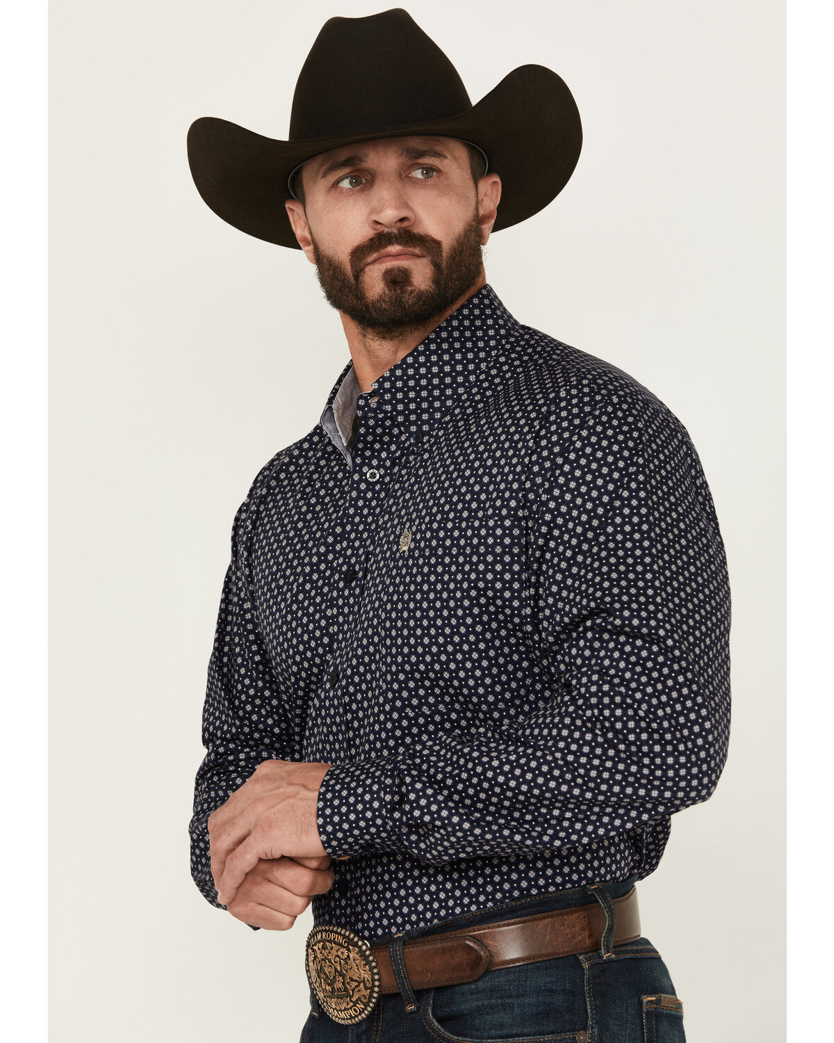 Image #2 - Cinch Men's Geo Print Long Sleeve Button-Down Western Shirt, Navy, hi-res