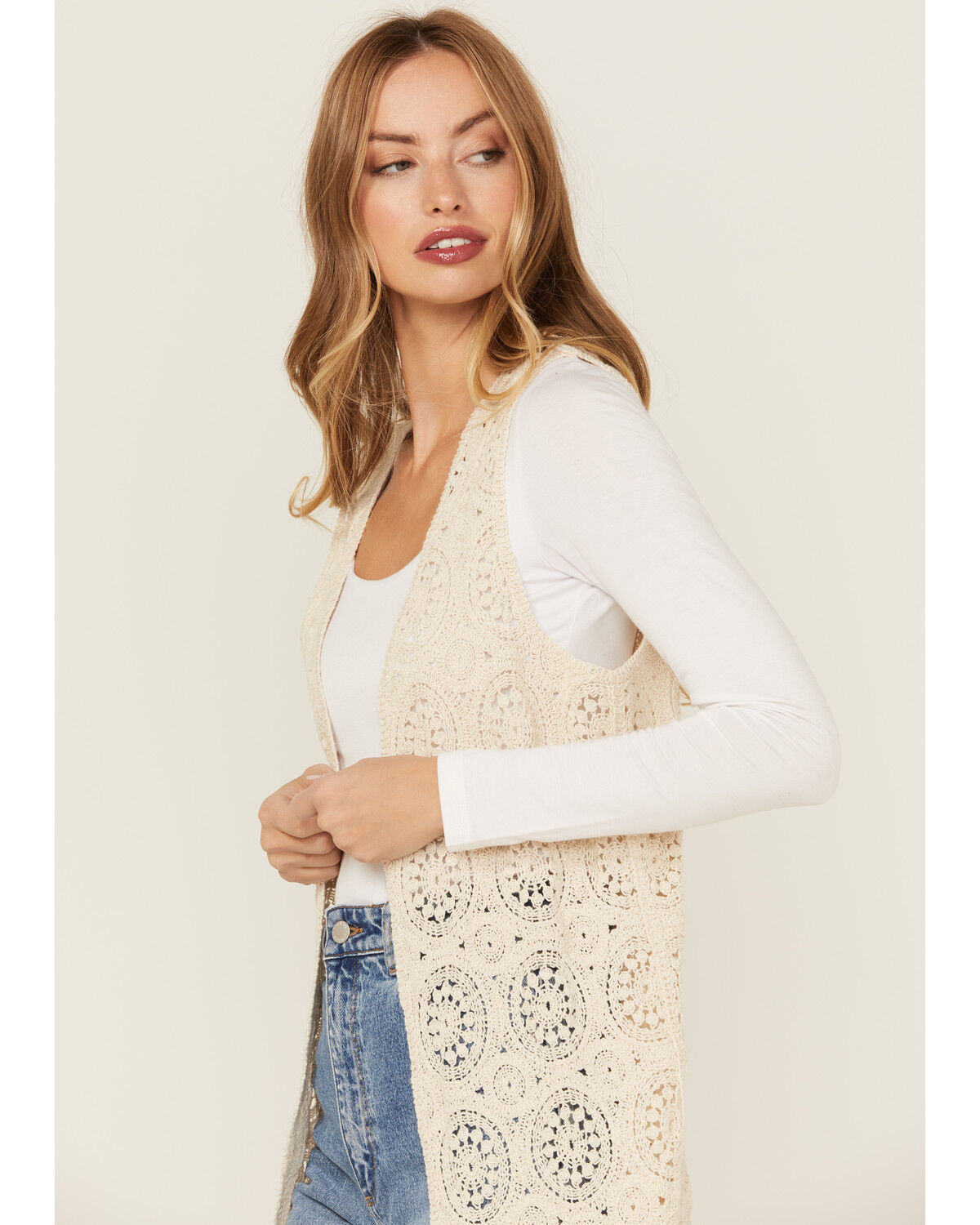 Image #2 - Miss Me Women's Long Vest, Cream, hi-res