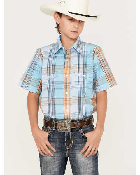 Image #1 - Panhandle Boys' Plaid Print Short Sleeve Western Pearl Snap Shirt, Light Blue, hi-res