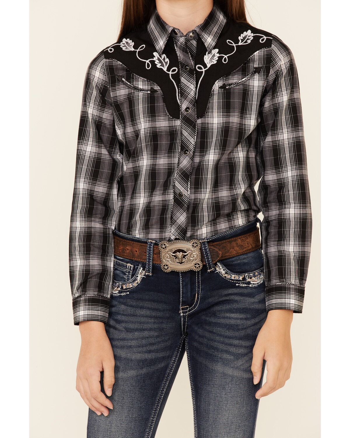 Image #3 - Roper Girls' Plaid Print Fancy Applique Yoke Long Sleeve Snap Western Shirt, Black, hi-res