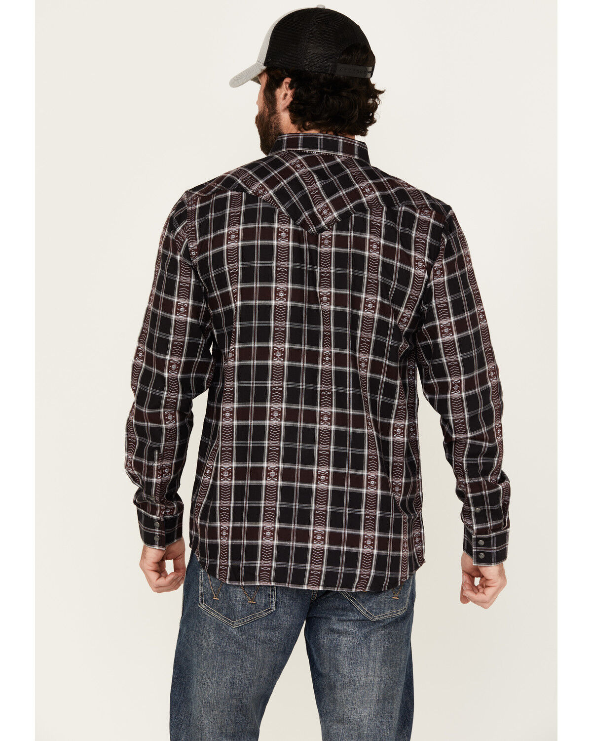 Image #4 - Moonshine Spirit Men's Dobby Plaid Print Long Sleeve Snap Wester Shirt, Black, hi-res
