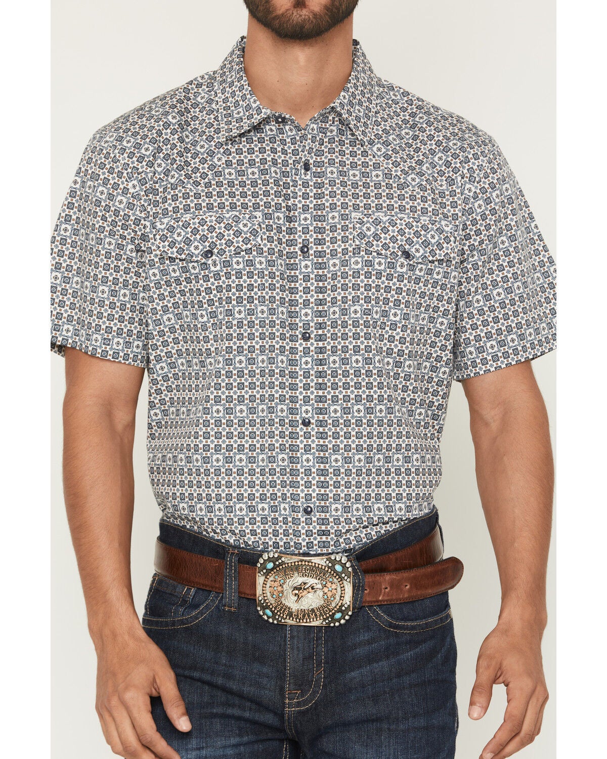 Image #3 - Gibson Trading Co Men's haven Geo Print Short Sleeve Snap Western Shirt - Tall, Light Blue, hi-res