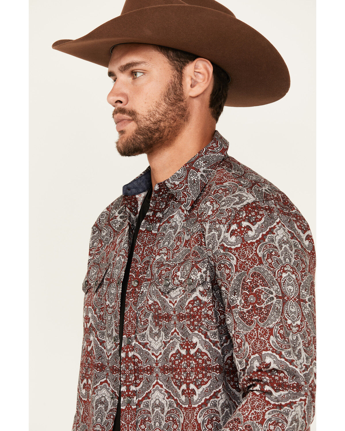 Image #2 - Moonshine Spirit Men's Manhattan Paisley Print Long Sleeve Snap Western Shirt, Burgundy, hi-res