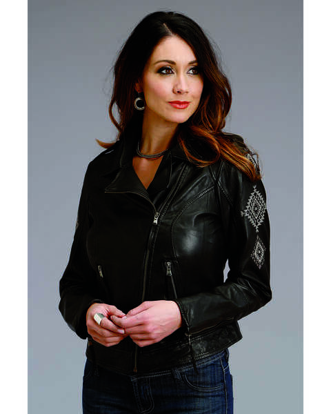 Stetson Women's Embroidered Motorcycle Leather Jacket , Black, hi-res