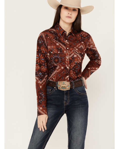Cotton & Rye Women's Bandana Print Long Sleeve Snap Western Shirt, Brown, hi-res
