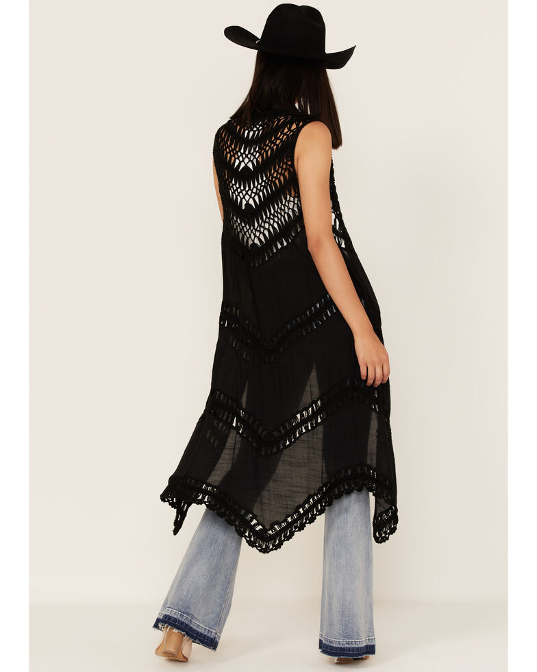 Vocal Women's Sleeveless Crochet Duster Vest, Black, hi-res