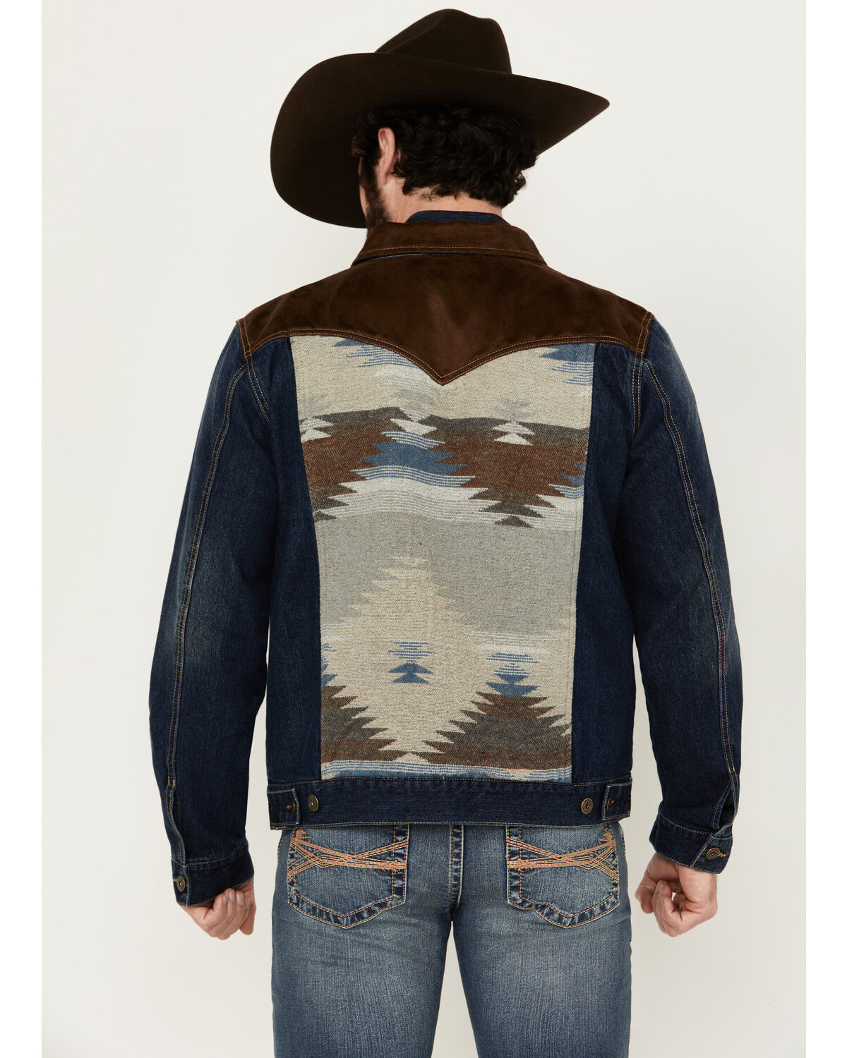 Image #4 - Cody James Men's Freedom Southwestern Yoke And Suede Trim Denim Jacket, Dark Wash, hi-res