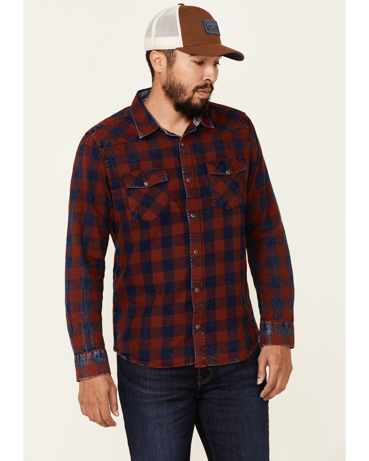 Image #1 - Flag & Anthem Men's McLennan Navy Vintage Plaid Long Sleeve Snap Western Shirt, Navy, hi-res