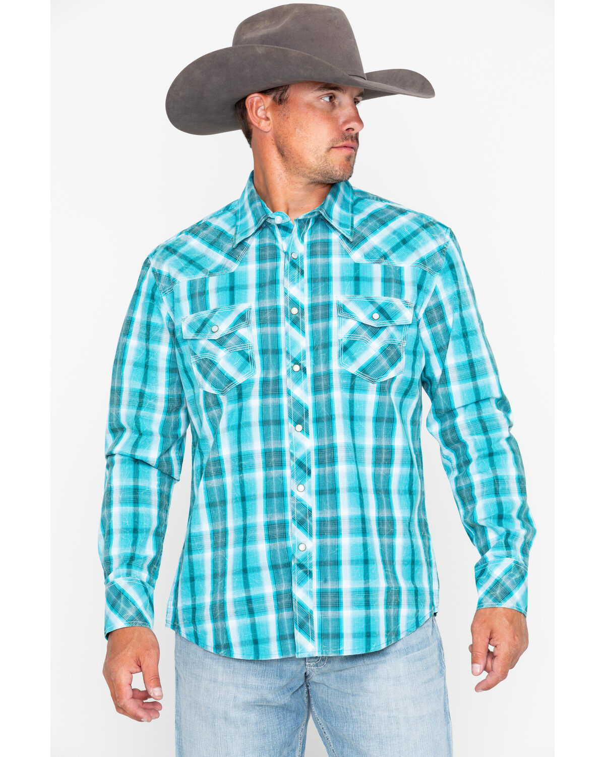 Image #5 - Rock & Roll Denim Men's Poplin Plaid Print Snap Long Sleeve Western Shirt, Blue, hi-res
