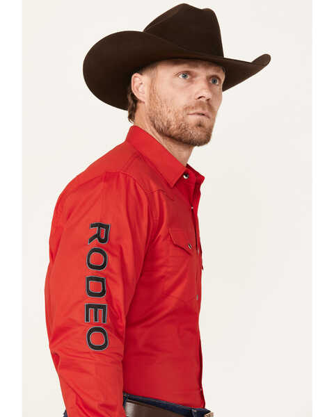 Rodeo Clothing Men's Horseshoe Embroidered Long Sleeve Snap Western Shirt, Red, hi-res