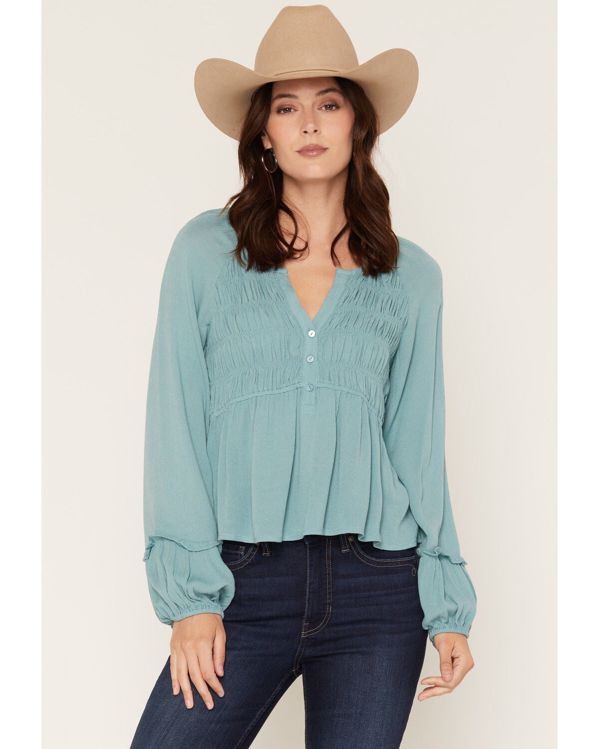 Image #1 - Lovestitch Women's Long Sleeve Rouched Front Top, Blue, hi-res