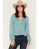Image #1 - Lovestitch Women's Long Sleeve Rouched Front Top, Blue, hi-res