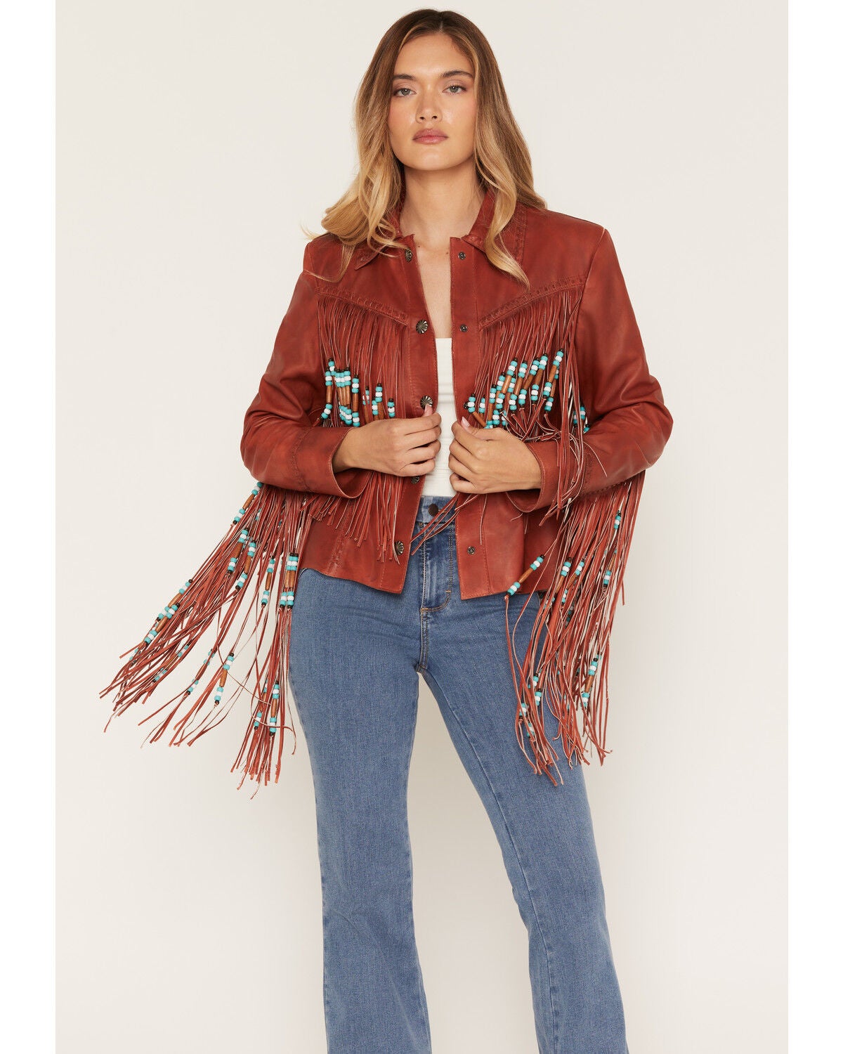 Cripple Creek Women's Beaded Fringe Hand Laced Snap Leather Jacket, Red, hi-res