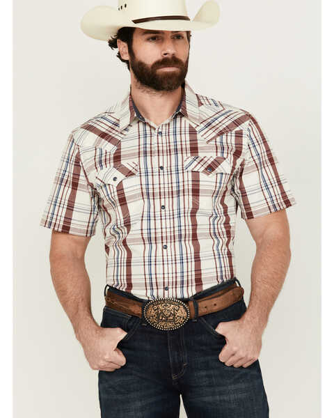 Cody James Men's Festive Plaid Print Short Sleeve Snap Western Shirt , Ivory, hi-res