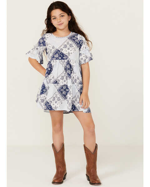 Wrangler Girls' Bandana Print Short Sleeve Dress, Light Blue, hi-res