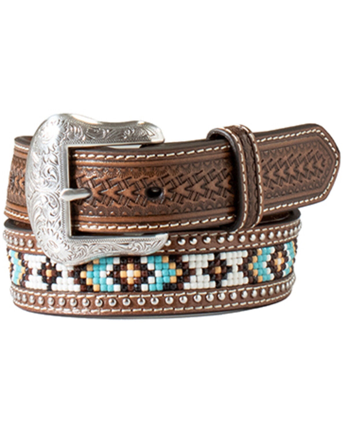 M & F Western Boys' Southwestern Leather Belt, Brown, hi-res