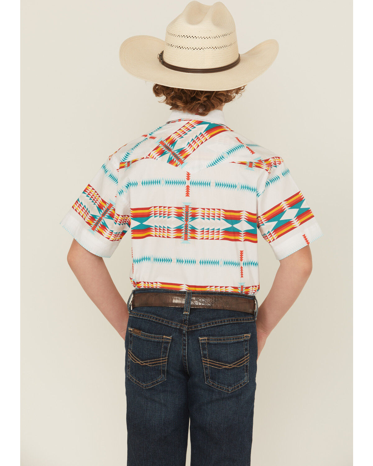 Image #4 - Rock & Roll Denim Boys' Southwestern Print Short Sleeve Pearl Snap Western Shirt, White, hi-res