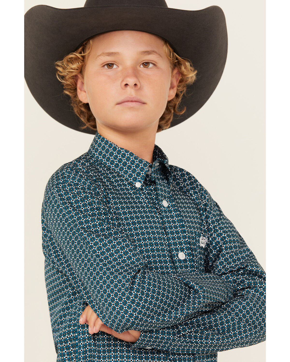 Image #2 - Cinch Boys' Geo Print Long Sleeve Button-Down Western Shirt, Teal, hi-res