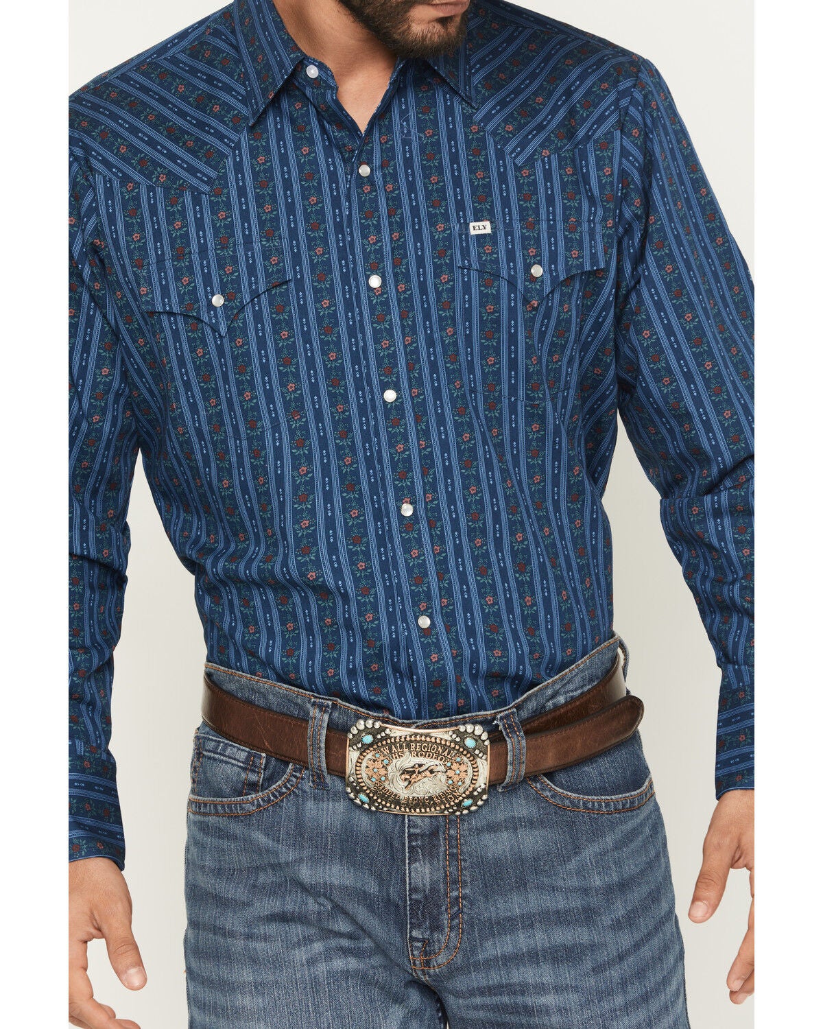 Image #3 - Ely Walker Men's Wallpaper Floral Stripe Print Long Sleeve Snap Western Shirt, Navy, hi-res