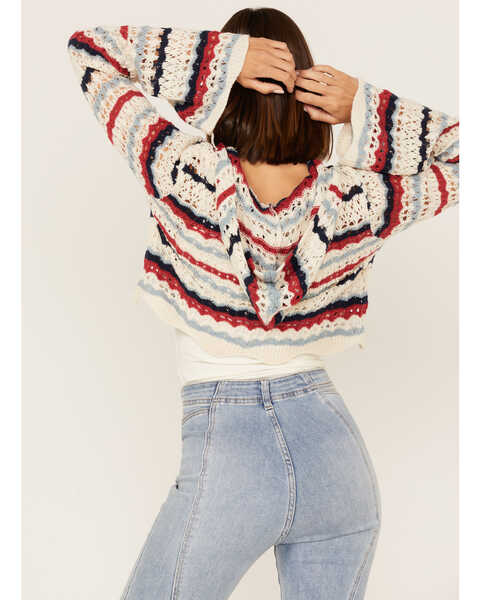 Image #4 - Panhandle Women's Americana Stripe Crochet Knit Hooded Sweater, Red/white/blue, hi-res
