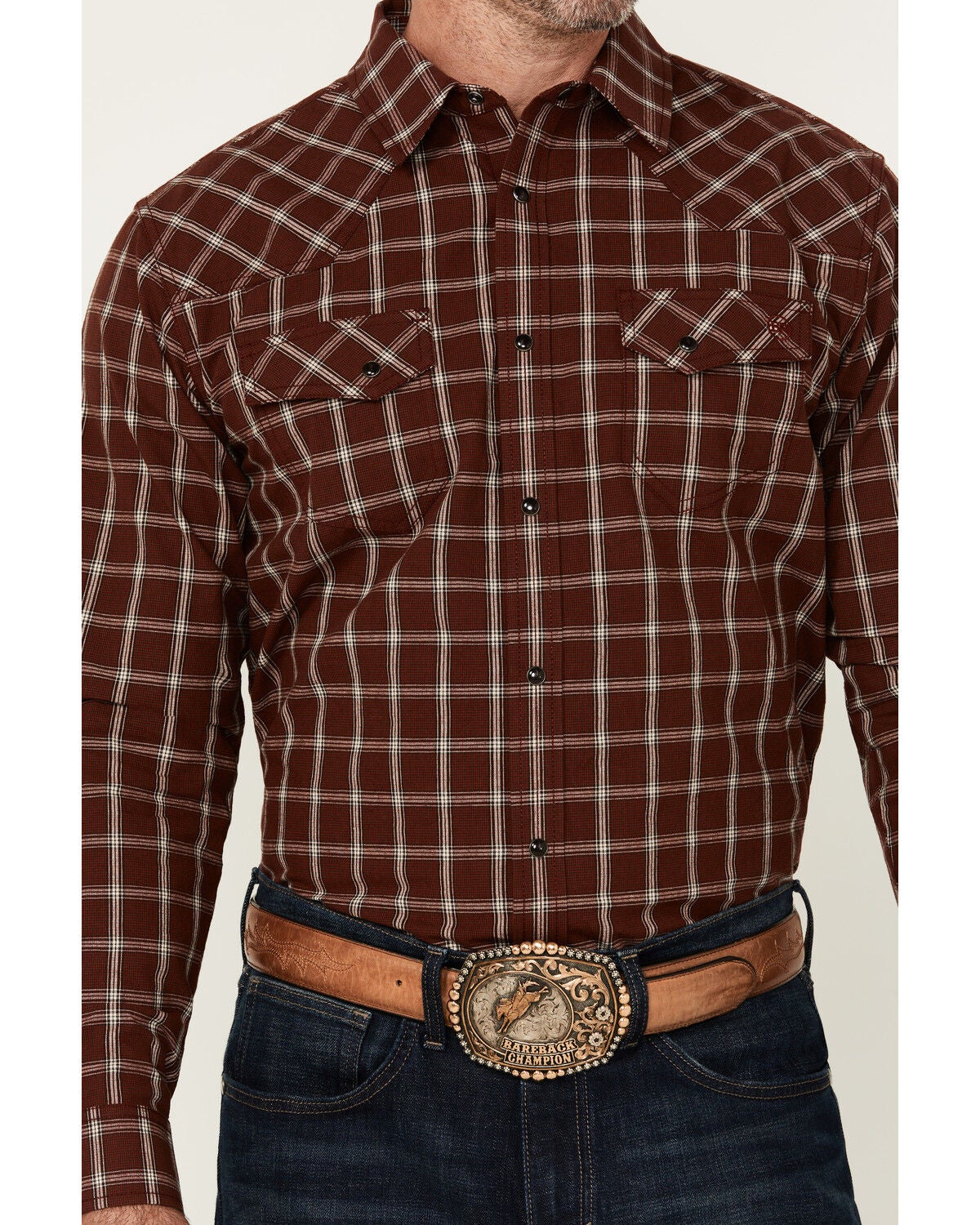 Image #3 - Blue Ranchwear Men's Elk Plaid Print Long Sleeve Snap Western Shirt, Dark Brown, hi-res
