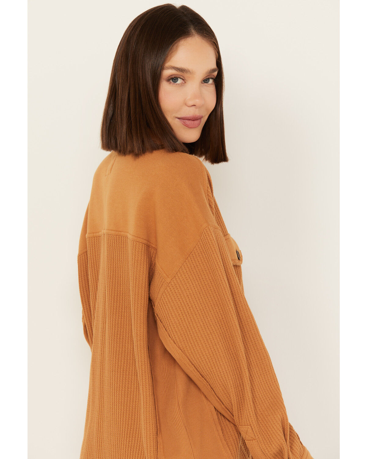 Image #2 - Cleo + Wolf Women's Oversized Knit Button Up Shirt, Lt Brown, hi-res
