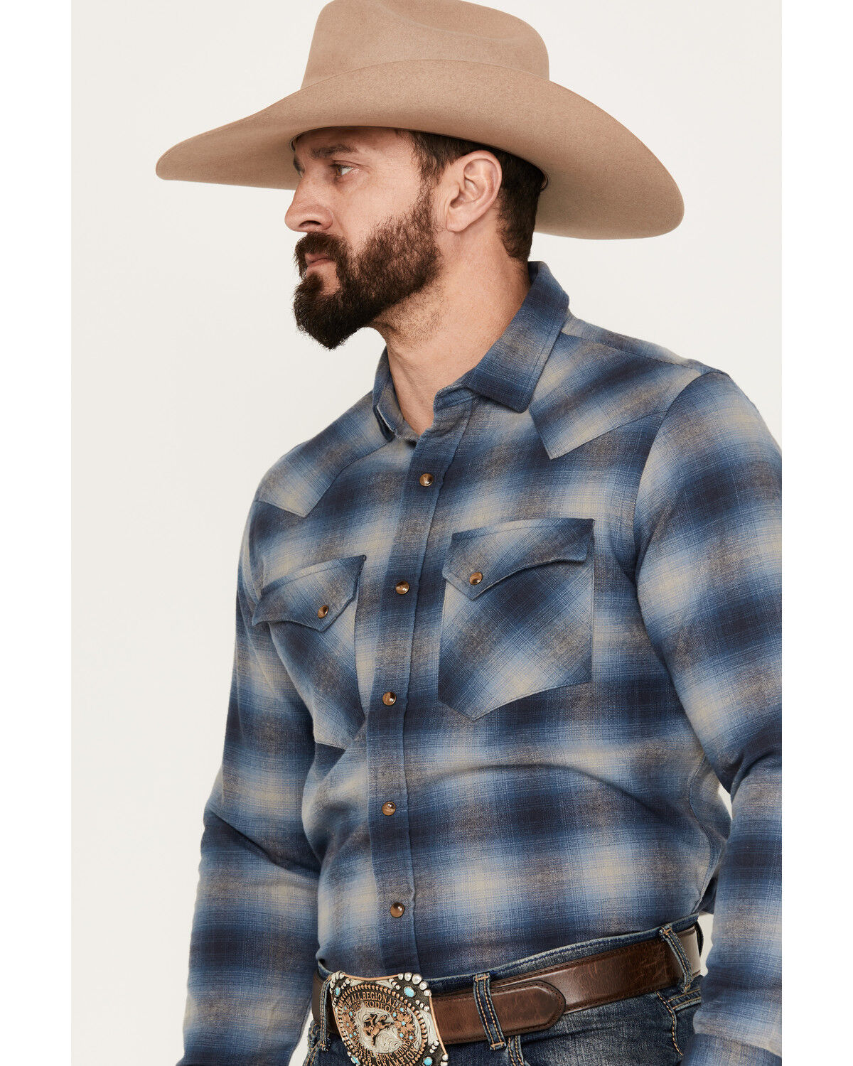Image #2 - Pendleton Men's Wyatt Plaid Print Long Sleeve Western Snap Shirt, Dark Blue, hi-res