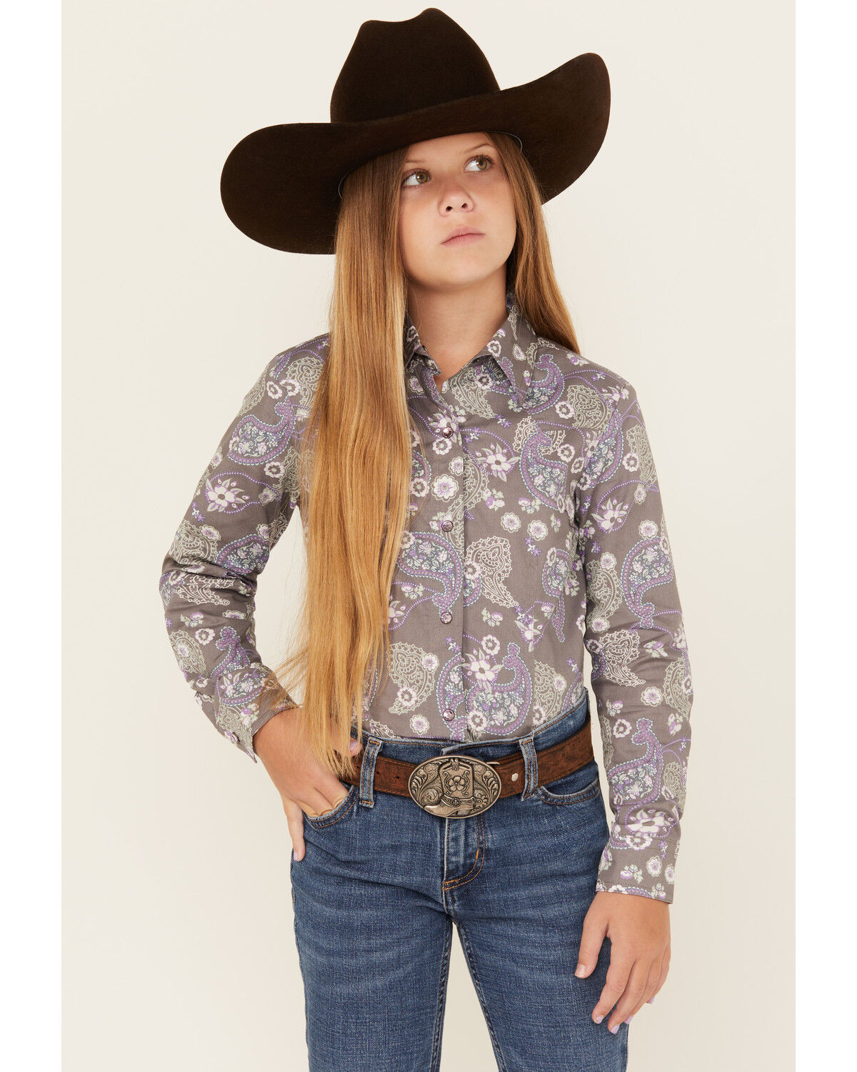 Image #1 - Cruel Girl Girls' Paisley Print Long Sleeve Snap Western Shirt, Grey, hi-res