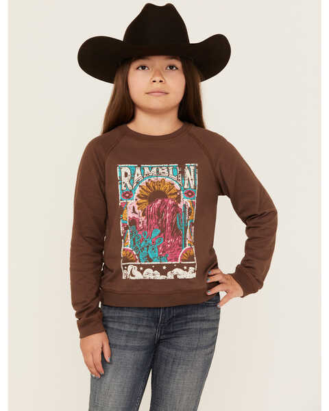 Rock & Roll Denim Girls' Ramblin Desert Graphic Long Sleeve Pullover , Brown, hi-res
