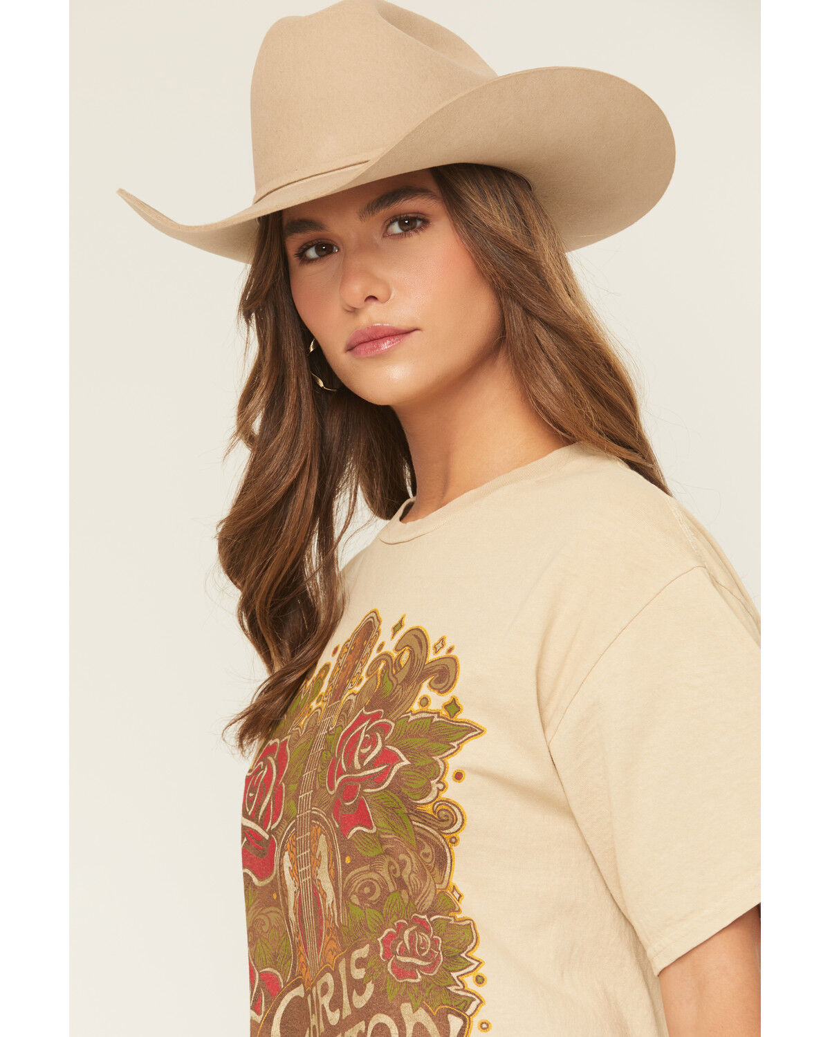 Image #2 - Merch Traffic Women's Chris Stapleton Rose Guitar Short Sleeve Graphic Tee, Tan, hi-res