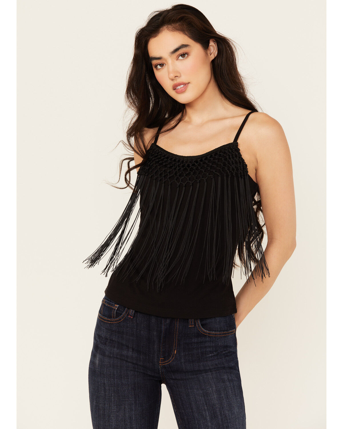 Image #1 - Idyllwind Women's Farriswood Fringe Tank Top, Black, hi-res