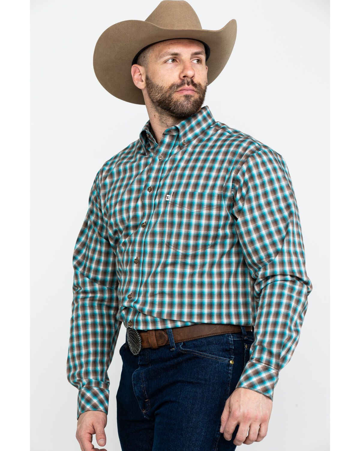 Image #3 - Tuf Cooper Men's Competition Brown Check Plaid Long Sleeve Western Shirt, Brown, hi-res