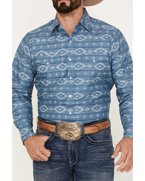 Image #3 - Ely Walker Men's Southwestern Print Long Sleeve Pearl Snap Western Shirt, Blue, hi-res