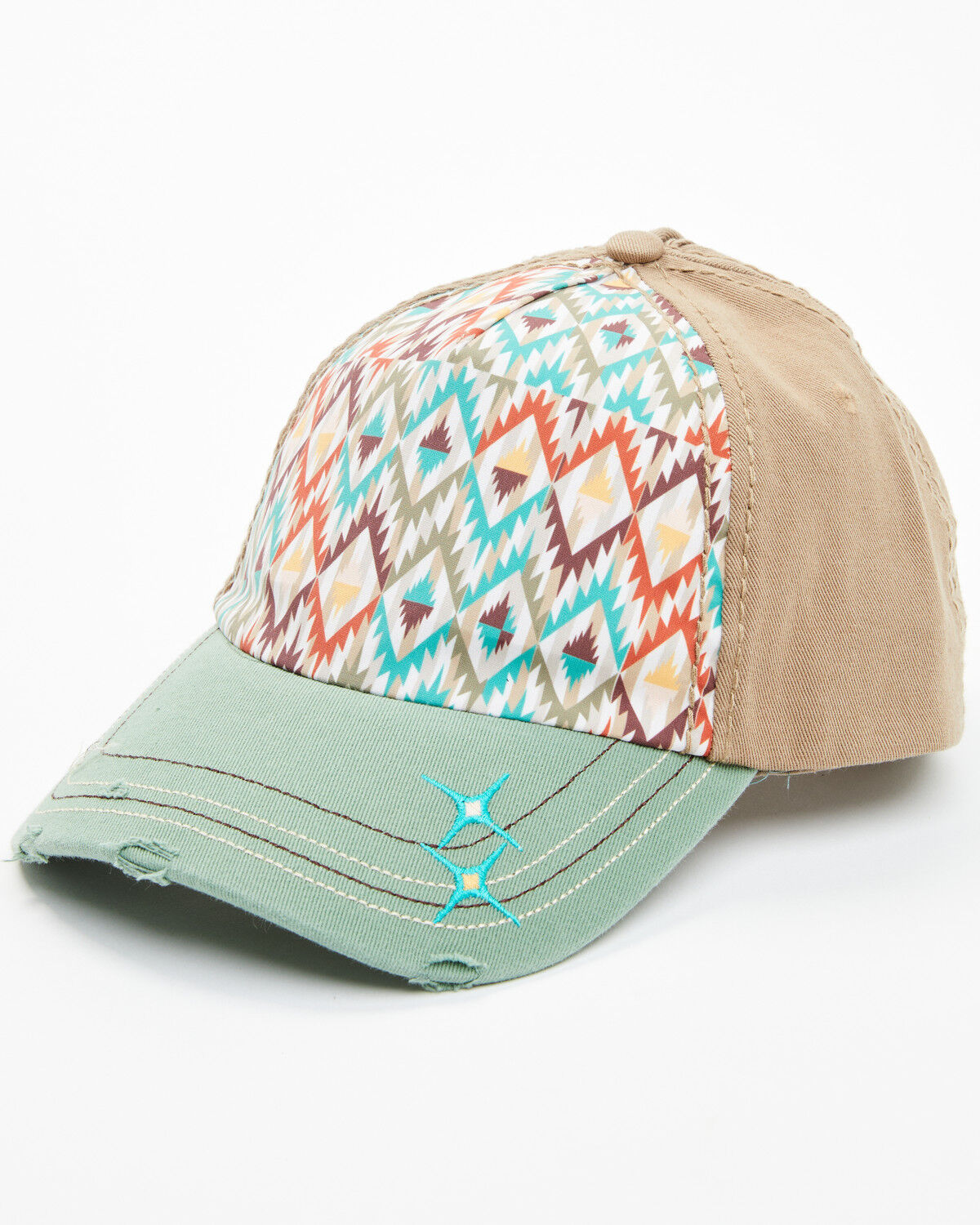 Image #1 - Catchfly Women's Southwestern Print Embroidered Distressed Ponytail Ball Cap, Multi, hi-res