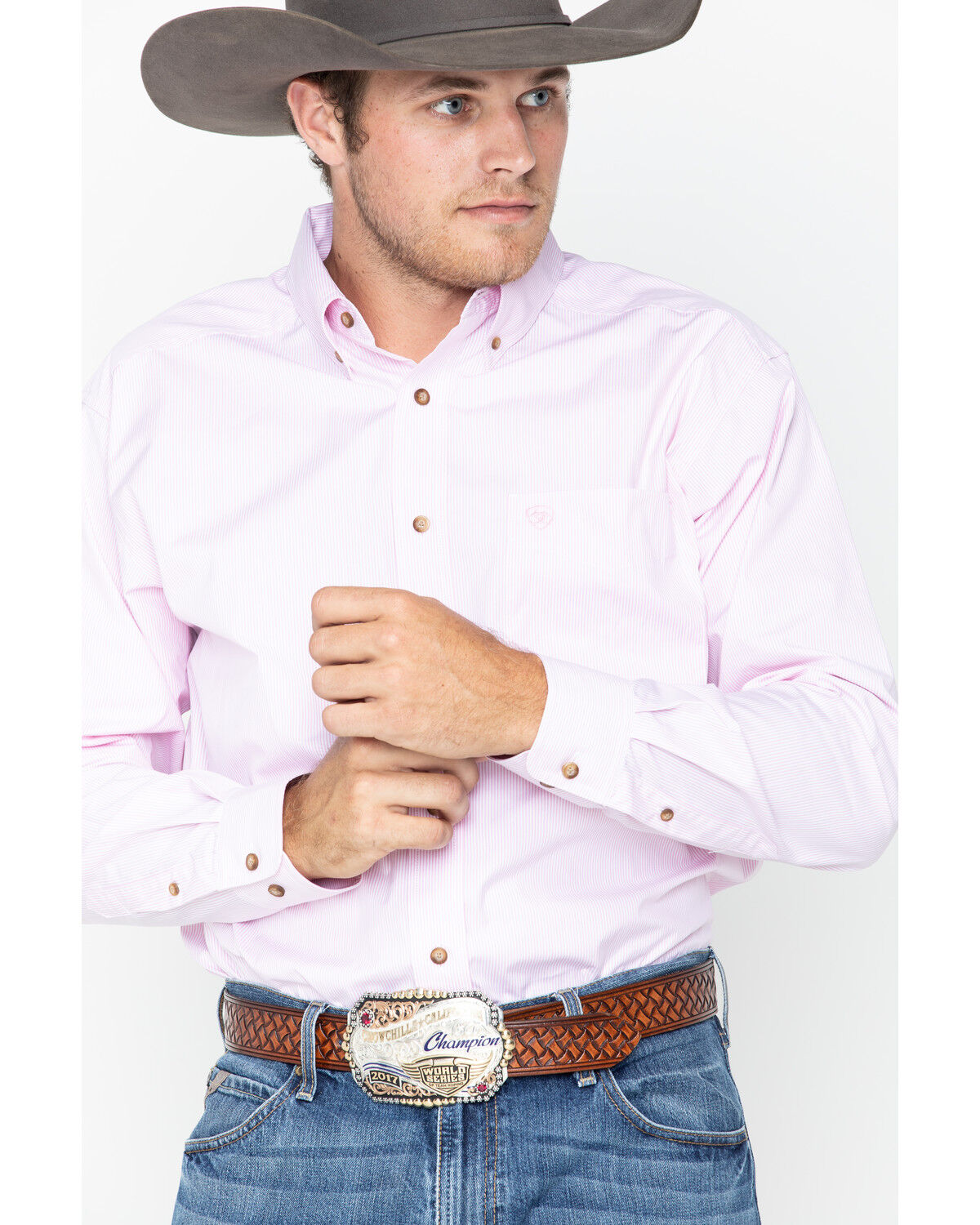 Image #1 - Ariat Men's Pink Dayne Mini Striped Long Sleeve Shirt - Big & Tall, Pink, hi-res