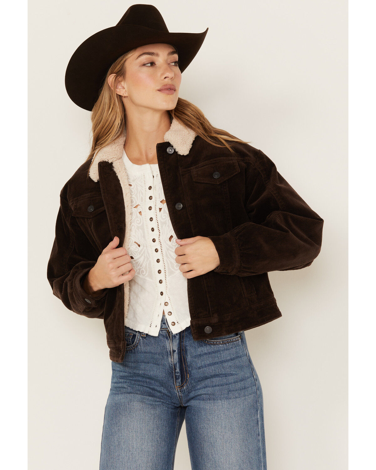 Image #2 - Cleo + Wolf Women's Corduroy Sherpa Trucker Jacket, Chocolate, hi-res