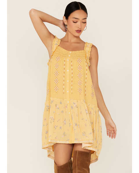 Image #3 - Miss Me Women's Embroidered Southwestern Floral Print Mini Dress, Mustard, hi-res