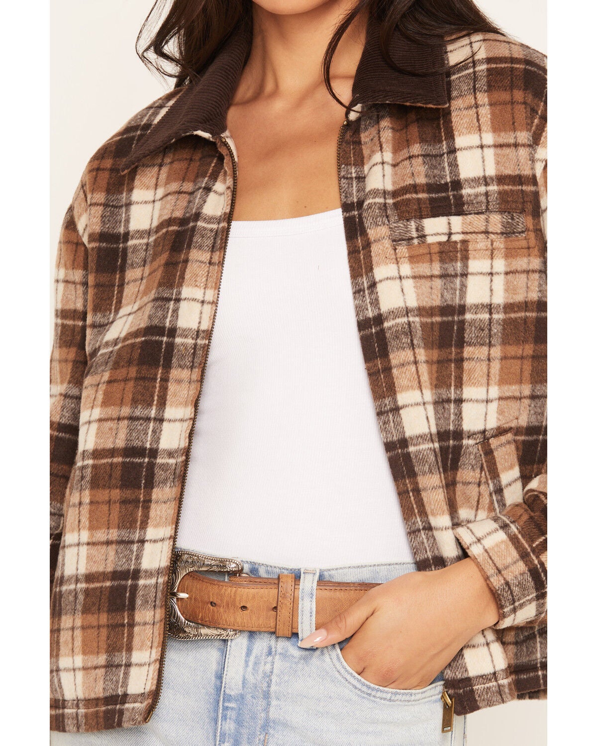 Image #3 - Ashley Women's Plaid Print Jacket, Cream/brown, hi-res
